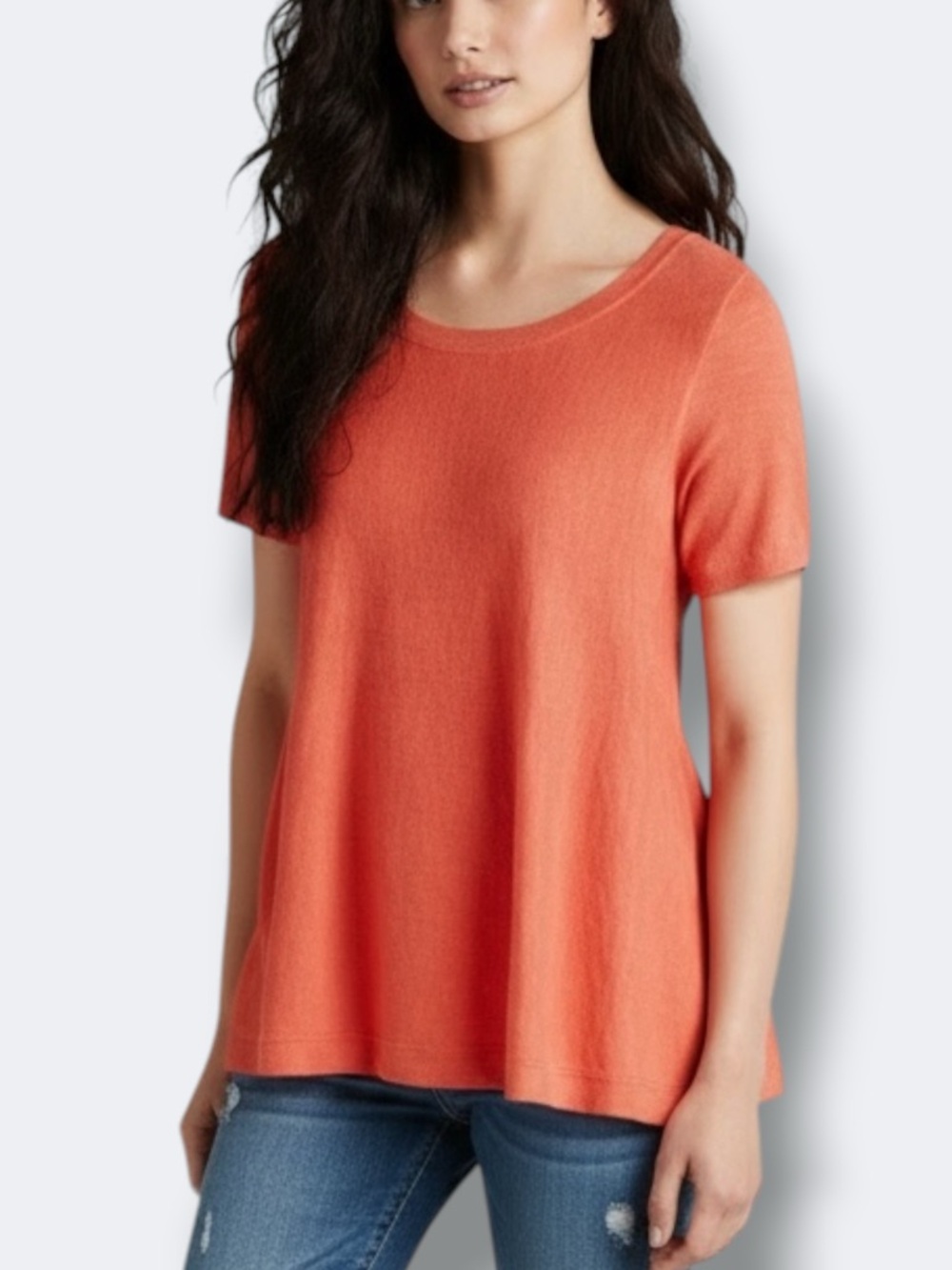 Anthropologie Moth Top Women Large Orange Knit Button Back Short Sleeve Sweater